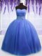 Simple Blue Ball Gowns Sweetheart Sleeveless Tulle Floor Length Lace Up Beading and Belt Sweet 16 Quinceanera Dress