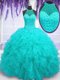 Custom Designed Aqua Blue Ball Gowns Beading and Ruffles Sweet 16 Dresses Lace Up Organza Sleeveless Floor Length