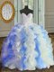 Ideal Floor Length White and Blue Quinceanera Dress Organza Sleeveless Beading and Ruffles