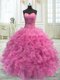 Floor Length Rose Pink Quinceanera Dress Organza Sleeveless Beading and Ruffles