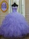 Sweetheart Sleeveless Quinceanera Dresses Floor Length Beading and Ruffles Lavender Organza