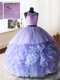 Scoop Sleeveless With Train Beading and Lace and Ruffles Zipper Ball Gown Prom Dress with Lavender Brush Train