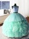 Scoop Sleeveless Brush Train Zipper Quinceanera Gown Apple Green Organza and Tulle and Lace