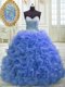 Blue Quinceanera Dress Organza Sweep Train Sleeveless Beading and Ruffles