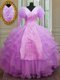 Long Sleeves Organza Floor Length Zipper Ball Gown Prom Dress in Lilac with Ruffled Layers