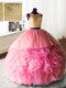 Rose Pink Ball Gowns Scoop Sleeveless Organza and Tulle and Lace With Brush Train Zipper Beading and Lace and Ruffles Quinceanera Dresses