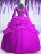 Gorgeous Floor Length Fuchsia Quince Ball Gowns Organza Long Sleeves Sequins and Pick Ups