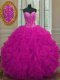 Sumptuous Fuchsia Ball Gowns Sweetheart Sleeveless Organza Floor Length Lace Up Beading and Ruffles Quinceanera Gown