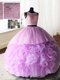 Lilac Quinceanera Gowns Military Ball and Sweet 16 and Quinceanera and For with Beading and Lace and Ruffles Scoop Sleeveless Brush Train Zipper