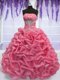 Rose Pink Ball Gowns Strapless Sleeveless Organza Floor Length Lace Up Beading Quinceanera Dresses