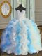 Glamorous Blue And White Ball Gowns Sweetheart Sleeveless Organza Floor Length Lace Up Beading and Ruffles Quinceanera Dress