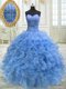 Floor Length Baby Blue Quinceanera Dress Organza Sleeveless Beading and Ruffles