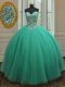 Turquoise Tulle Zipper Ball Gown Prom Dress Sleeveless Floor Length Beading