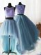 Three Piece Scoop With Train Baby Blue Quinceanera Dress Organza and Tulle and Lace Brush Train Sleeveless Beading and Lace and Ruffles