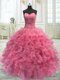 Hot Sale Floor Length Lace Up Sweet 16 Dress Rose Pink for Military Ball and Sweet 16 and Quinceanera with Beading and Ruffles