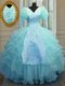 Dramatic V-neck Long Sleeves Ball Gown Prom Dress Floor Length Embroidery and Ruffled Layers Blue Organza