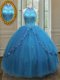 Vintage High-neck Sleeveless Lace Up Quinceanera Gown Blue Tulle
