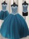 Three Piece Teal Ball Gowns Tulle Sweetheart Sleeveless Beading and Ruffles Floor Length Lace Up Sweet 16 Quinceanera Dress