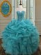 Sweetheart Sleeveless Ball Gown Prom Dress Floor Length Beading and Ruffles Aqua Blue Organza