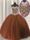 Glittering Sequins Brown Sleeveless Tulle Lace Up 15 Quinceanera Dress for Military Ball and Sweet 16 and Quinceanera