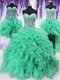 Edgy Four Piece Turquoise Ball Gowns Ruffles and Sequins 15 Quinceanera Dress Lace Up Organza Sleeveless Floor Length