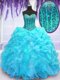 Glittering Aqua Blue Sleeveless Beading and Ruffles and Pick Ups Floor Length Quinceanera Dress