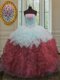 White And Red Ball Gowns Strapless Sleeveless Organza Floor Length Lace Up Beading and Ruffles 15th Birthday Dress