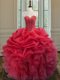 Traditional Coral Red Ball Gowns Organza Sweetheart Sleeveless Beading and Ruffles Floor Length Lace Up Vestidos de Quinceanera