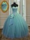 Turquoise Ball Gowns Tulle Sweetheart Sleeveless Beading and Ruching and Bowknot Floor Length Lace Up Quince Ball Gowns