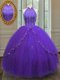 Purple Sleeveless Floor Length Beading and Appliques Lace Up 15th Birthday Dress