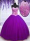 Sleeveless Tulle Floor Length Lace Up Quince Ball Gowns in Eggplant Purple with Beading