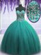 Cheap Sleeveless Tulle Floor Length Lace Up Quinceanera Gowns in Turquoise with Beading