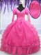 Popular Hot Pink Lace Up Quinceanera Dress Beading and Embroidery and Hand Made Flower Long Sleeves Floor Length