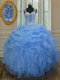 Simple Straps Sleeveless Sweet 16 Quinceanera Dress Floor Length Beading and Ruffles Blue Organza