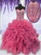 Pink Lace Up Sweetheart Beading and Ruffles Sweet 16 Quinceanera Dress Organza Sleeveless