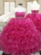 Pretty Floor Length Lace Up Ball Gown Prom Dress Hot Pink for Military Ball and Sweet 16 and Quinceanera with Beading and Ruffles