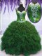 Tulle Straps Sleeveless Zipper Beading and Ruffles 15th Birthday Dress in Green
