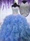 Dazzling Blue Organza Lace Up Sweetheart Sleeveless Floor Length Sweet 16 Dress Beading and Ruffles