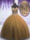 New Arrival Sleeveless Tulle Floor Length Lace Up Sweet 16 Dress in Brown with Beading