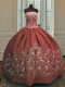 Strapless Sleeveless Quince Ball Gowns Floor Length Embroidery Rust Red Satin