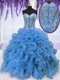 Fashionable Baby Blue Ball Gown Prom Dress Military Ball and Sweet 16 and Quinceanera and For with Beading and Ruffles Sweetheart Sleeveless Lace Up
