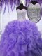 Lavender Ball Gowns Sweetheart Sleeveless Organza Floor Length Lace Up Ruffles and Sequins Vestidos de Quinceanera
