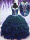 Hot Sale Straps Navy Blue Sleeveless Beading and Ruffles Floor Length Quince Ball Gowns