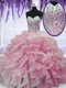 Organza Sweetheart Sleeveless Lace Up Beading and Ruffles 15th Birthday Dress in Rose Pink