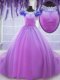 Lilac Ball Gowns Tulle Scoop Short Sleeves Hand Made Flower Floor Length Lace Up Sweet 16 Dress