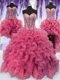 Cute Four Piece Pink Organza Lace Up Quinceanera Dress Sleeveless Floor Length Ruffled Layers and Sequins