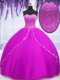 Sleeveless Floor Length Beading Lace Up Quinceanera Gowns with Fuchsia