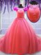 Unique Watermelon Red Vestidos de Quinceanera Military Ball and Sweet 16 and Quinceanera and For with Hand Made Flower Scoop Short Sleeves Court Train Lace Up