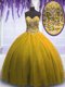 Brown Ball Gowns Beading Quince Ball Gowns Lace Up Tulle Sleeveless Floor Length
