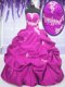 New Style Sleeveless Taffeta Floor Length Lace Up Vestidos de Quinceanera in Fuchsia with Appliques and Pick Ups